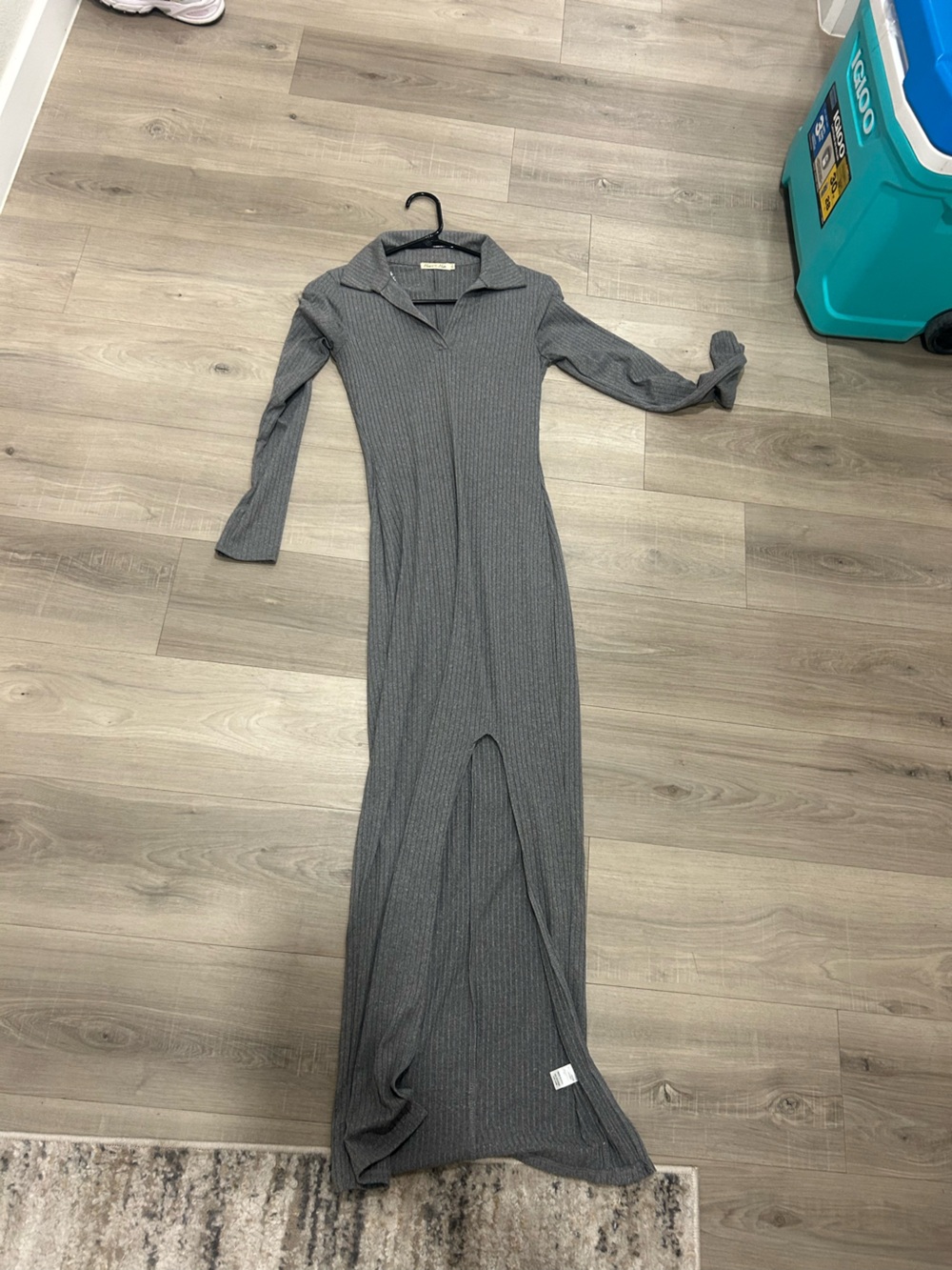 Heart Hips Gray Ribbed Collared Maxi Dress with Front Slit